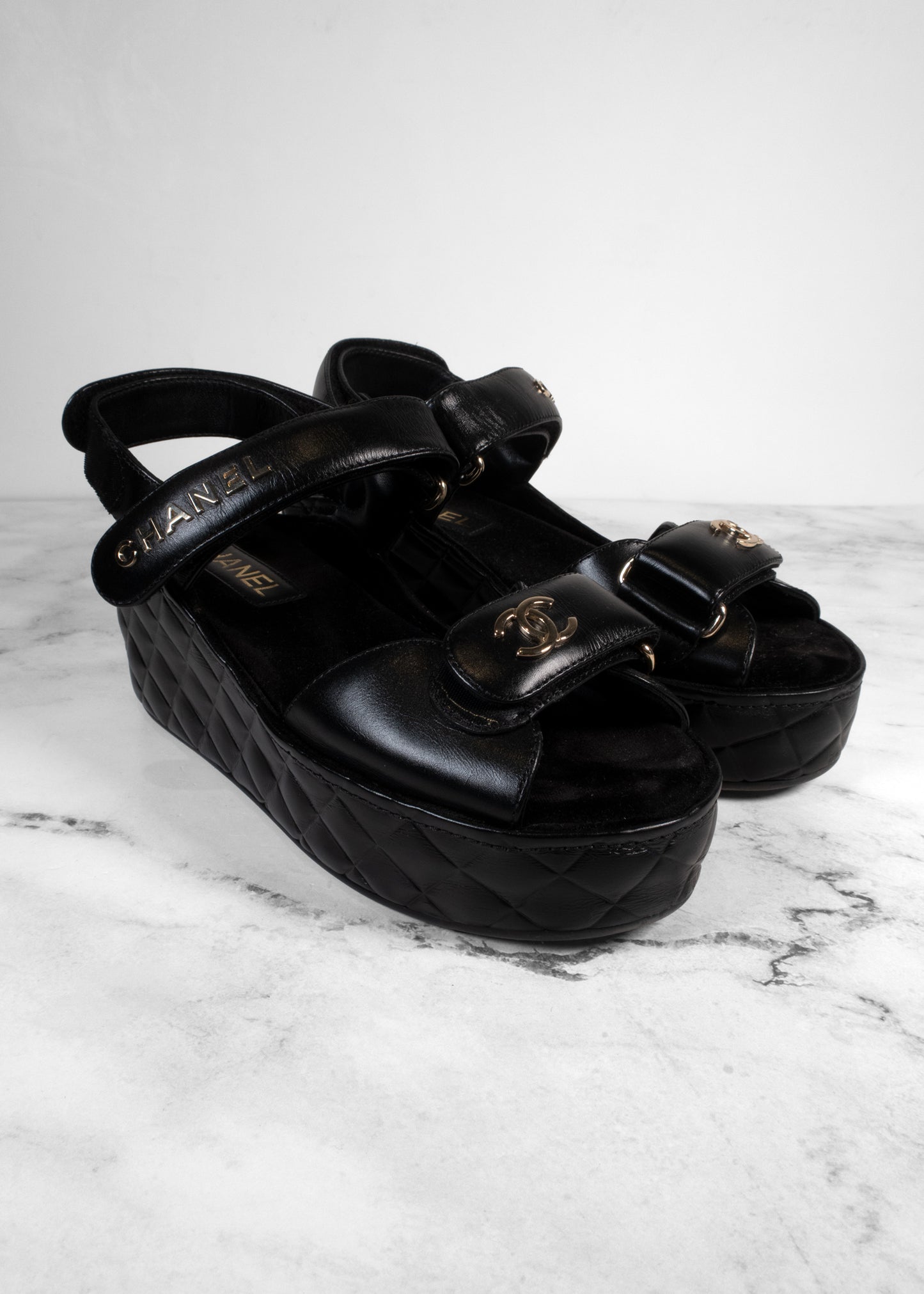 Chanel Black Shiny Calfskin Quilted Logo Platform Wedge Sandals