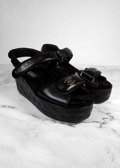 Chanel Black Shiny Calfskin Quilted Logo Platform Wedge Sandals