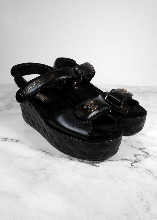 Chanel Black Shiny Calfskin Quilted Logo Platform Wedge Sandals