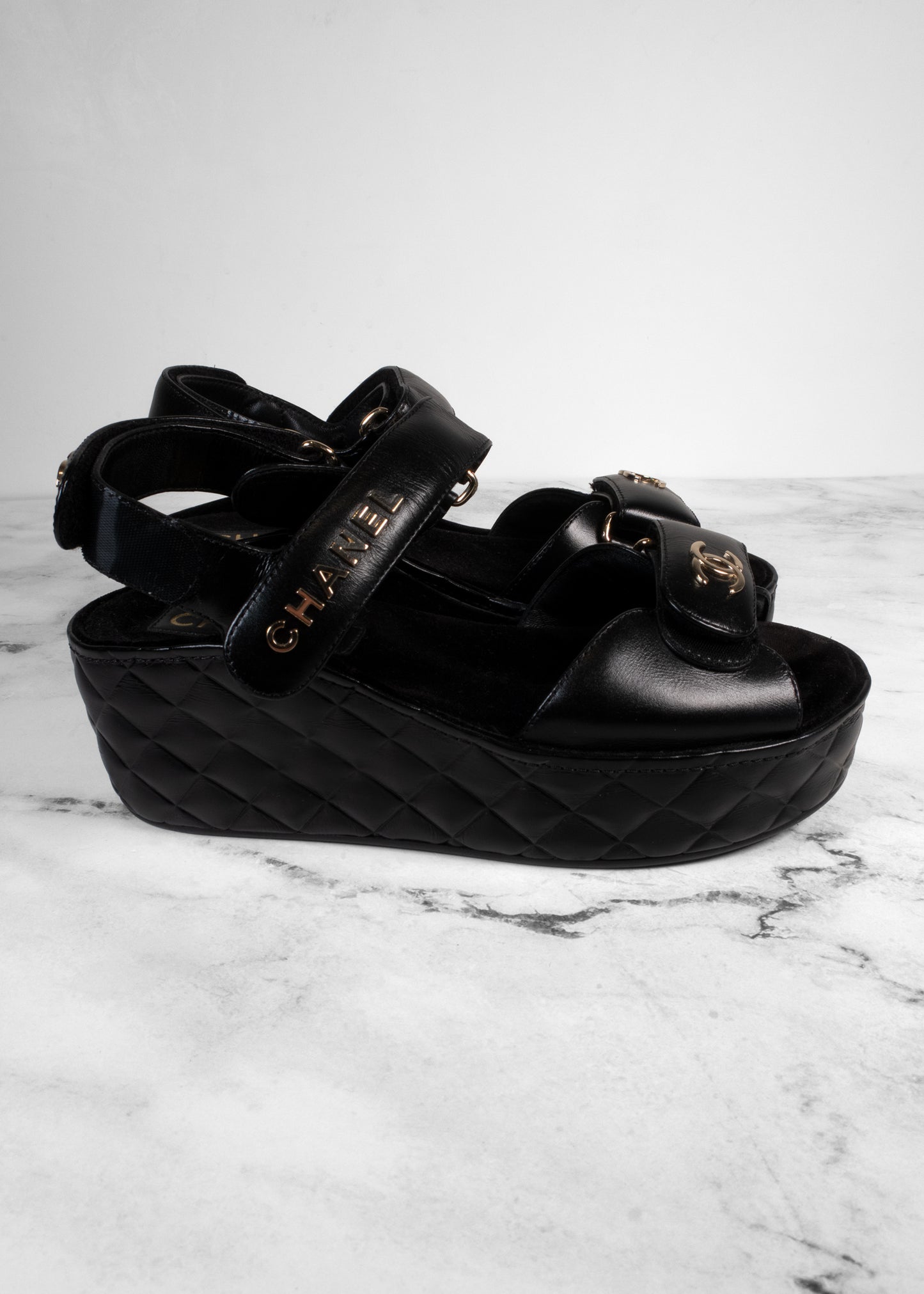 Chanel Black Shiny Calfskin Quilted Logo Platform Wedge Sandals