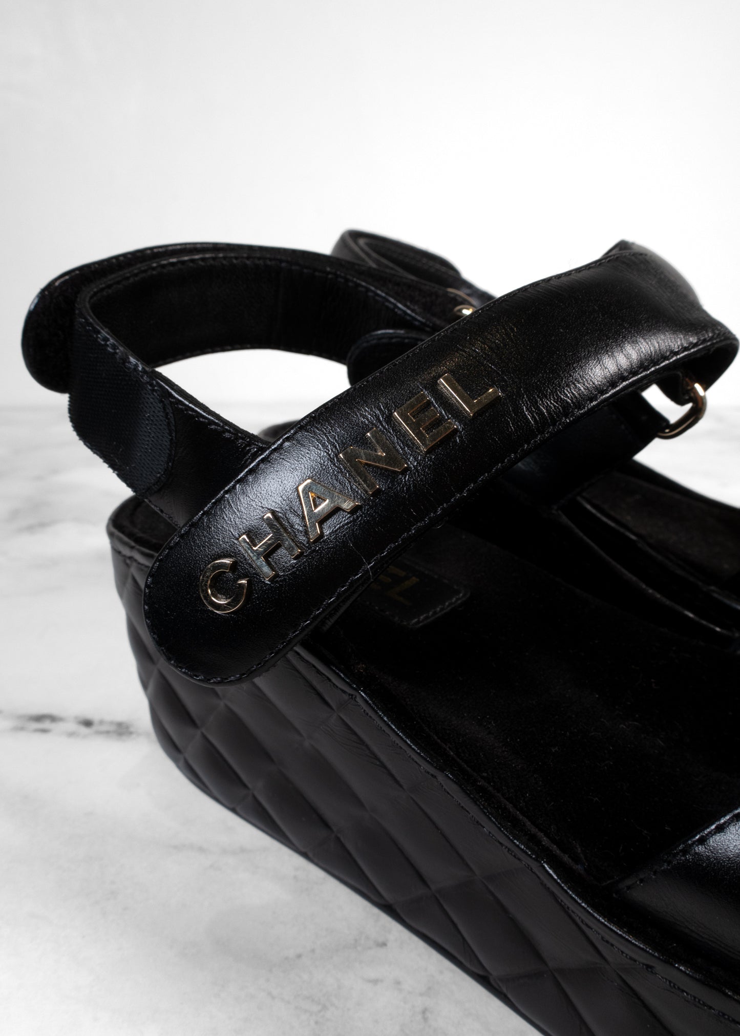 Chanel Black Shiny Calfskin Quilted Logo Platform Wedge Sandals