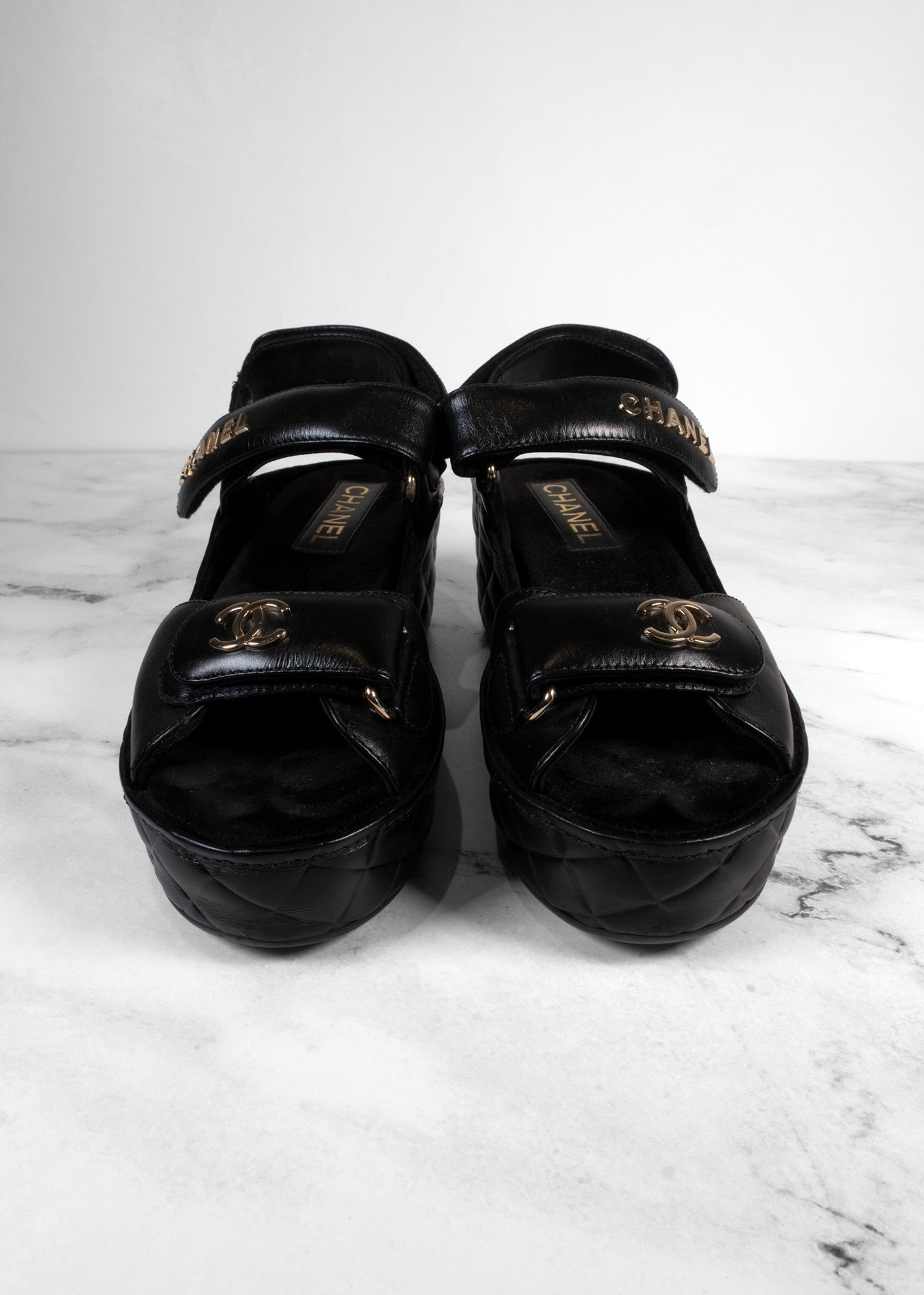 Chanel Black Shiny Calfskin Quilted Logo Platform Wedge Sandals