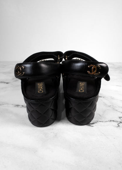 Chanel Black Shiny Calfskin Quilted Logo Platform Wedge Sandals