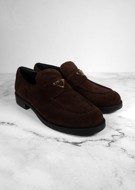 Prada Chocolate Suede Triangle Logo Loafers
