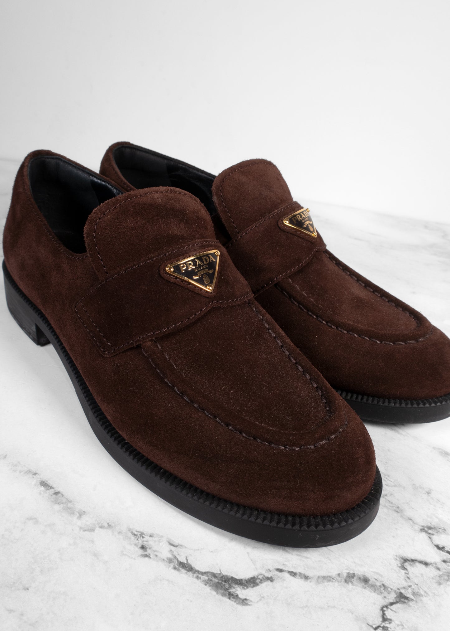 Prada Chocolate Suede Triangle Logo Loafers