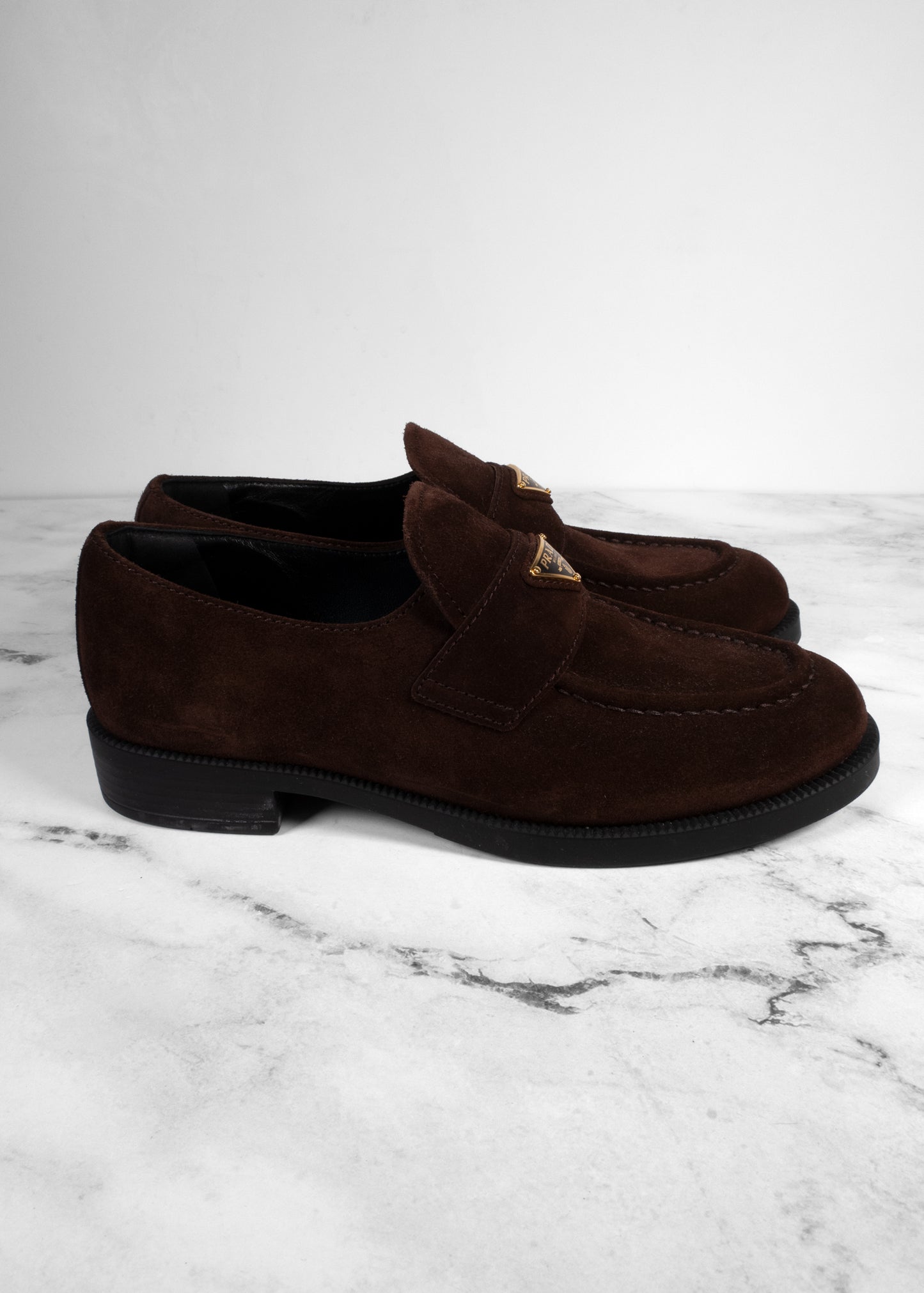 Prada Chocolate Suede Triangle Logo Loafers