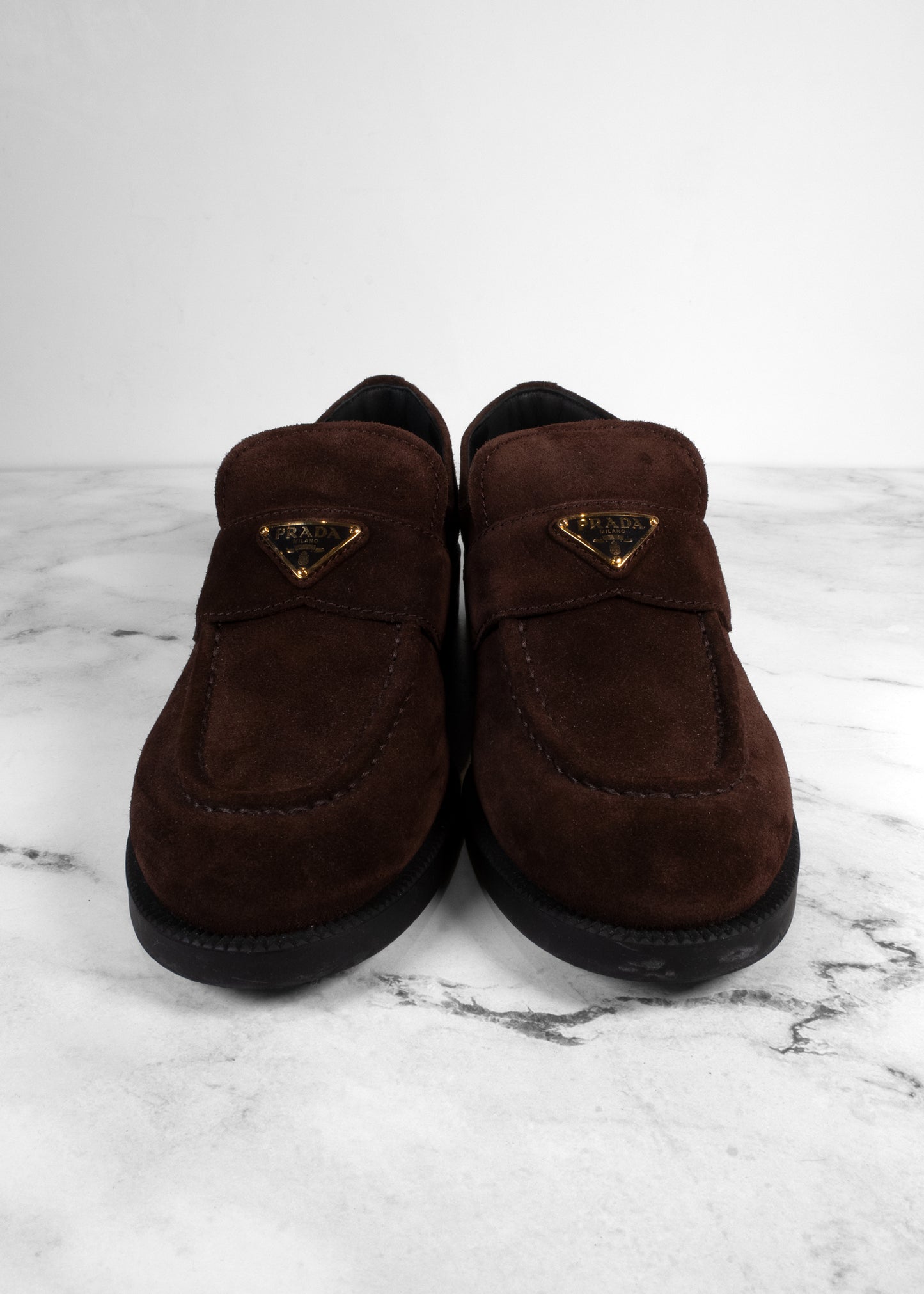 Prada Chocolate Suede Triangle Logo Loafers