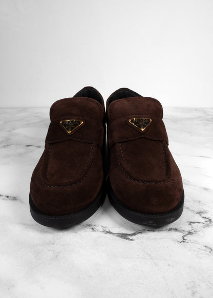 Prada Chocolate Suede Triangle Logo Loafers