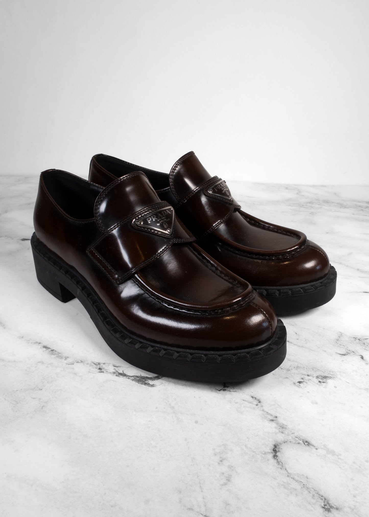 Prada Chocolate Brushed Leather Triangle Logo Loafers