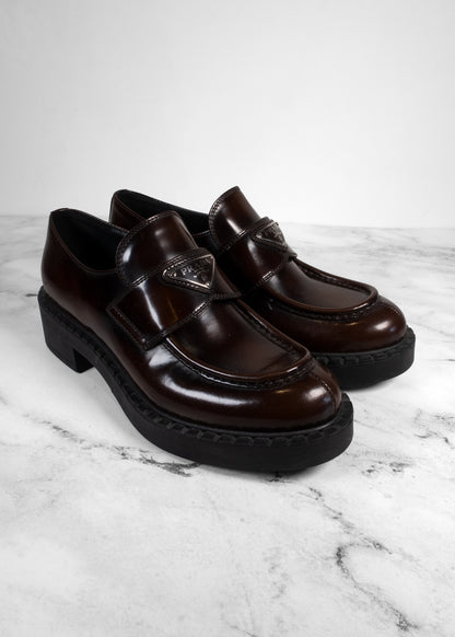 Prada Chocolate Brushed Leather Triangle Logo Loafers