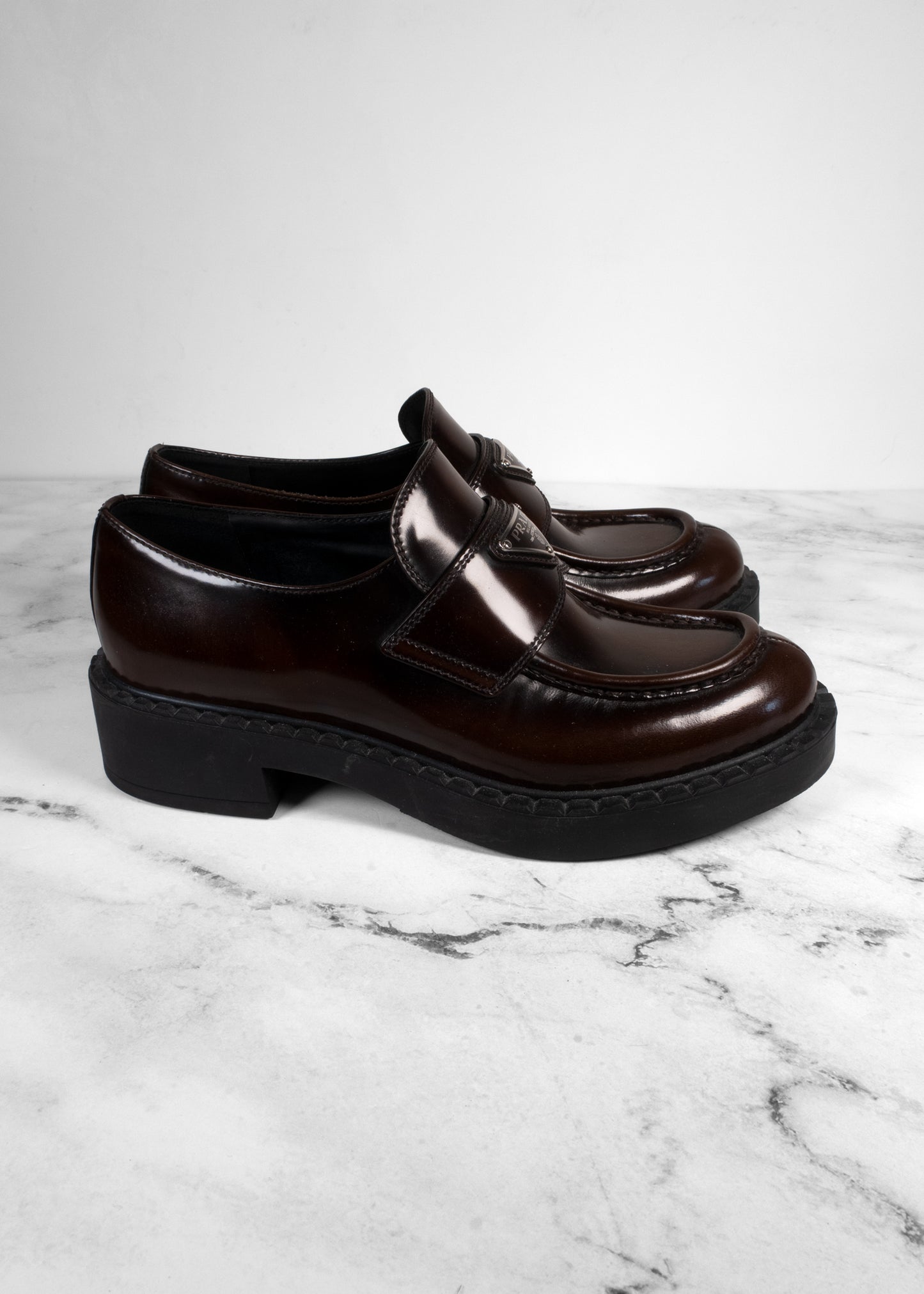 Prada Chocolate Brushed Leather Triangle Logo Loafers
