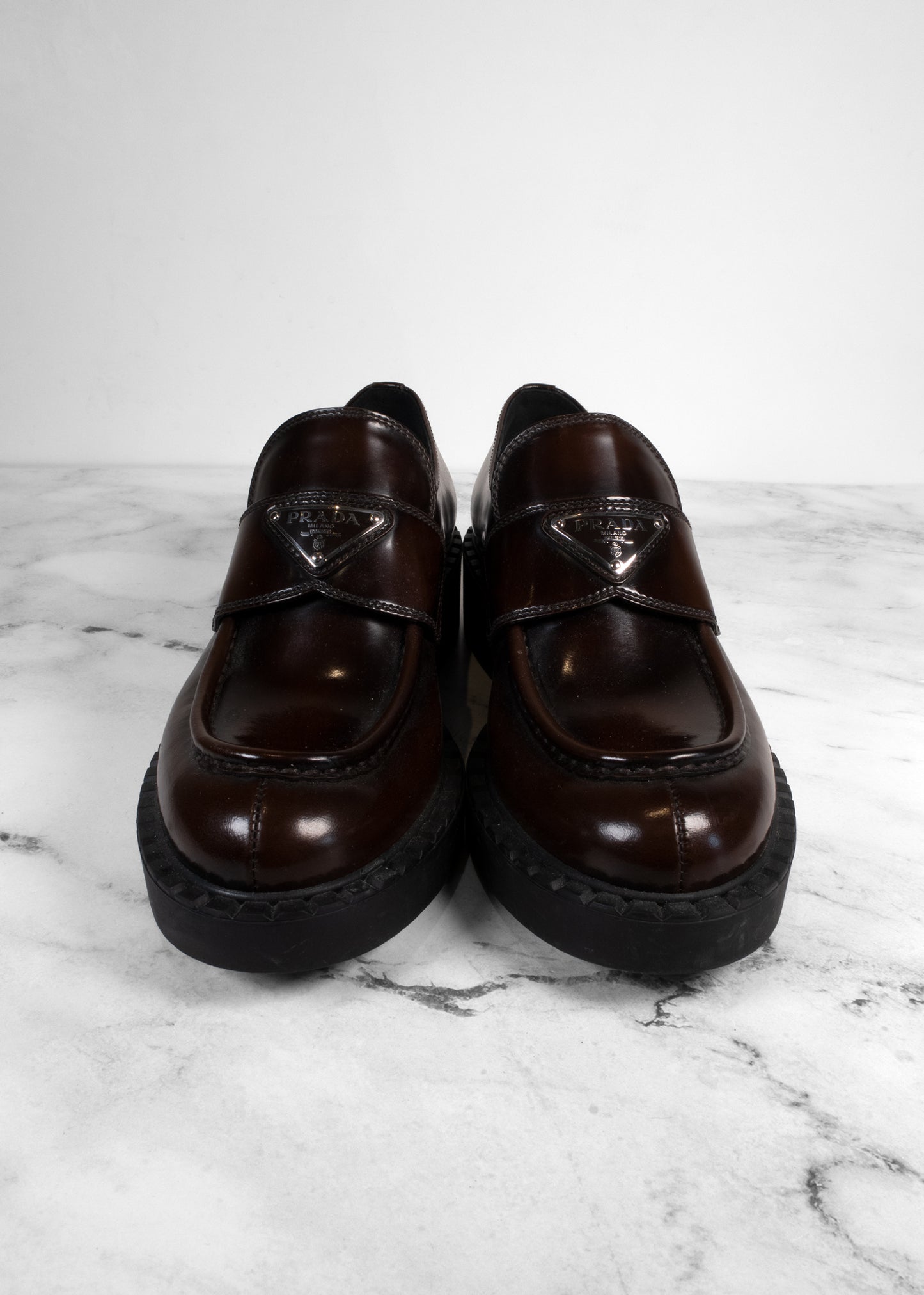 Prada Chocolate Brushed Leather Triangle Logo Loafers