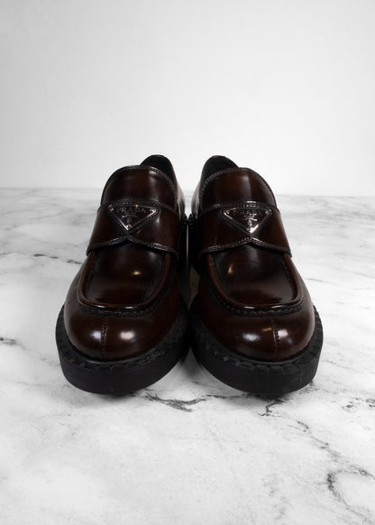 Prada Chocolate Brushed Leather Triangle Logo Loafers