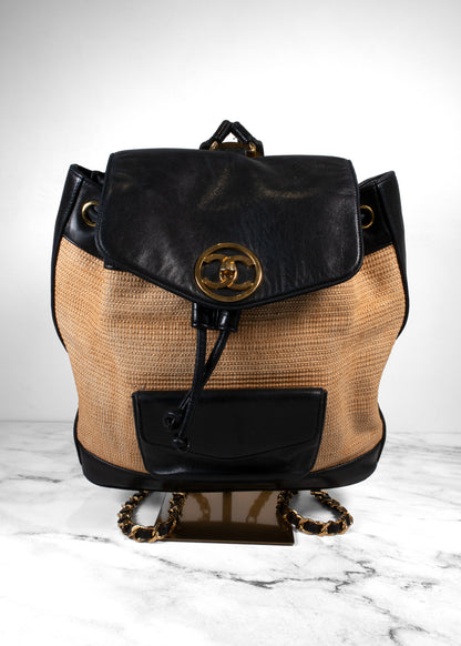 Chanel Vintage Raffia Leather CC Circle Turnlock Backpack