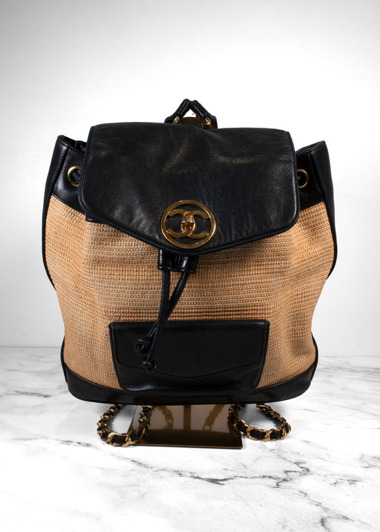 Chanel Vintage Raffia Leather CC Circle Turnlock Backpack