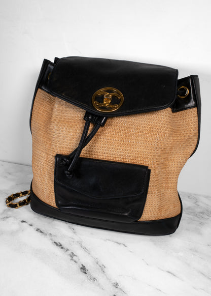 Chanel Vintage Raffia Leather CC Circle Turnlock Backpack