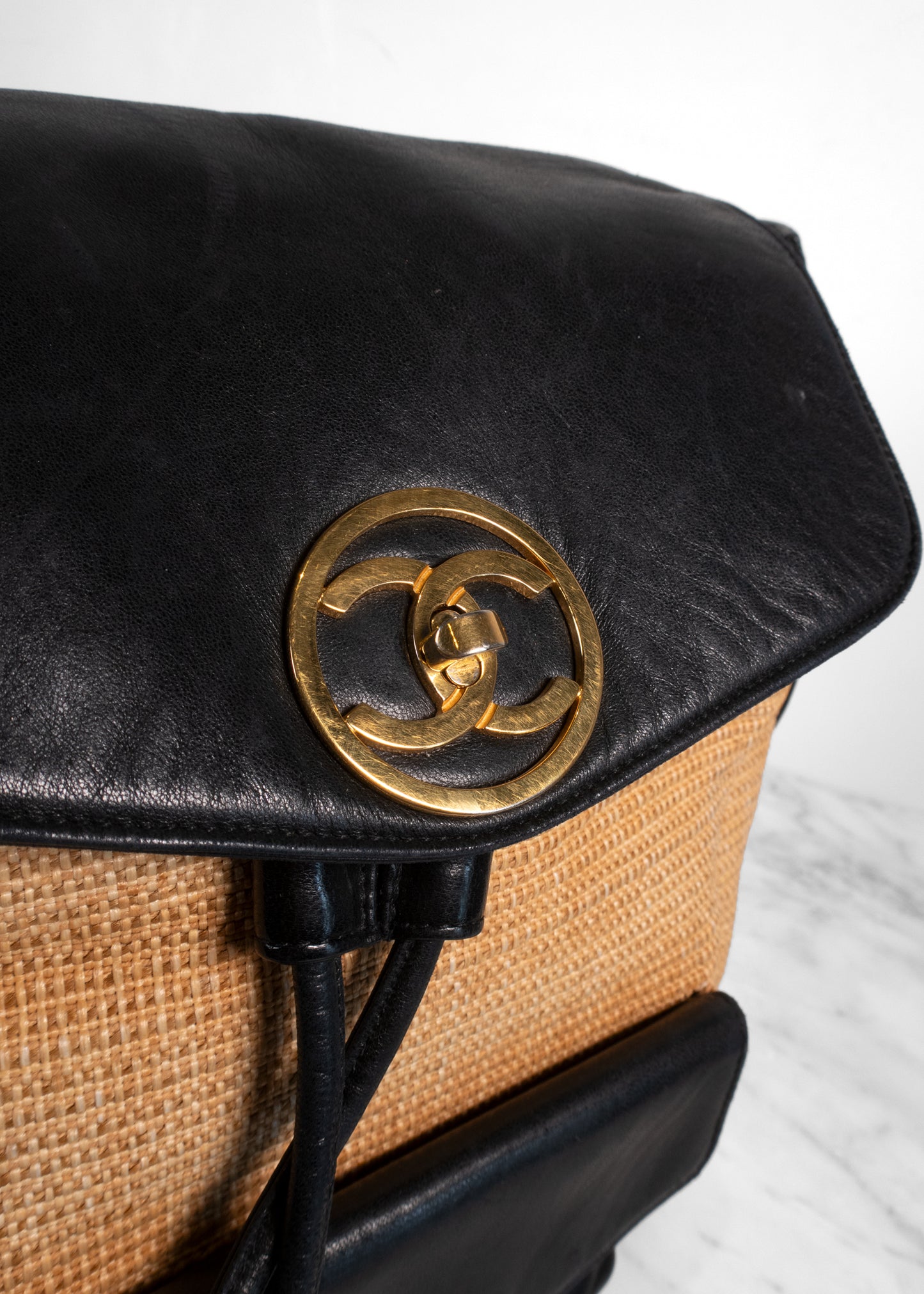 Chanel Vintage Raffia Leather CC Circle Turnlock Backpack