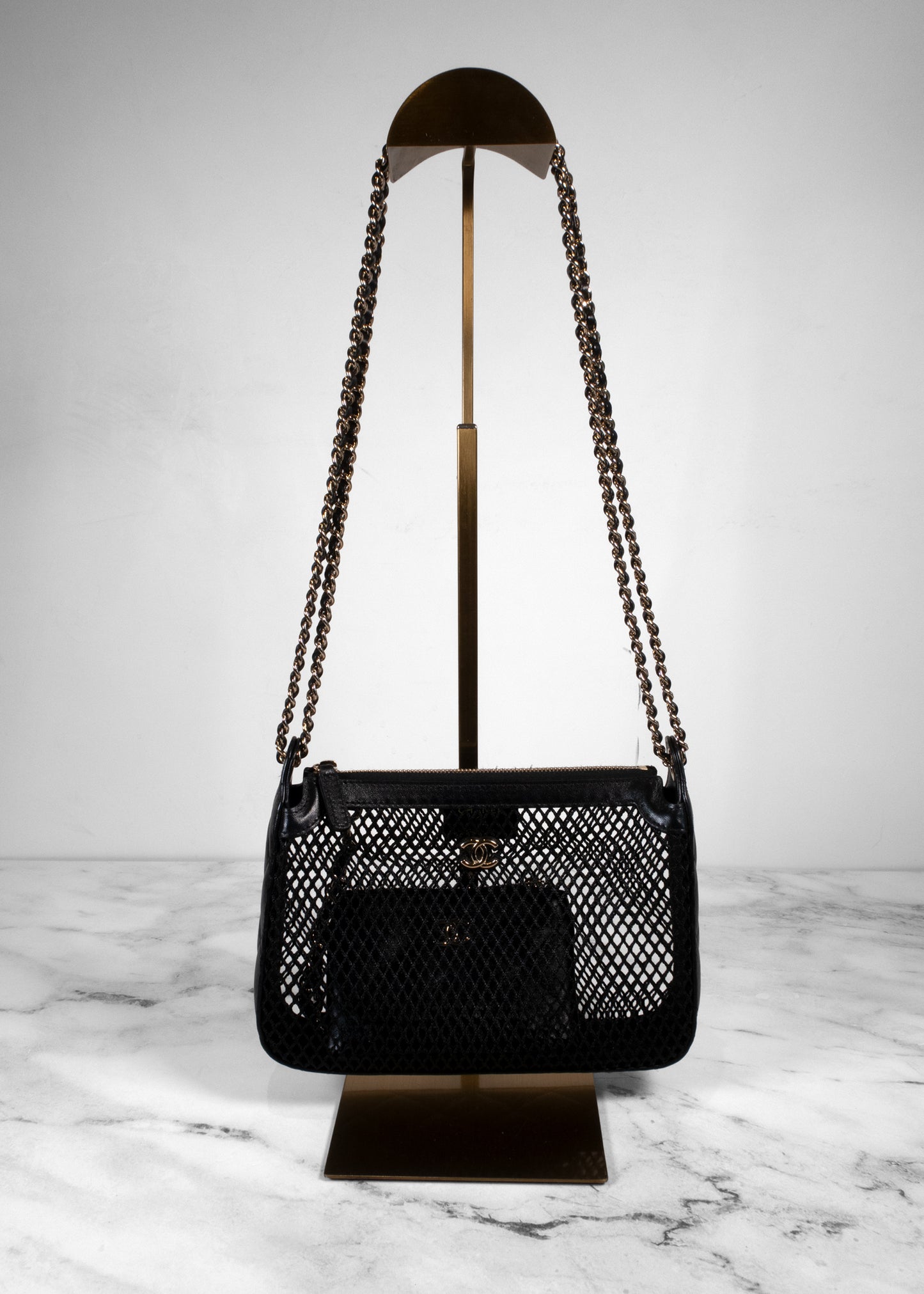 Chanel Black Mesh Shiny Lambskin Clutch With Chain And Wallet Attached Inside