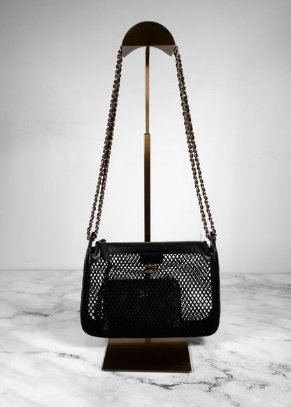 Chanel Black Mesh Shiny Lambskin Clutch With Chain And Wallet Attached Inside
