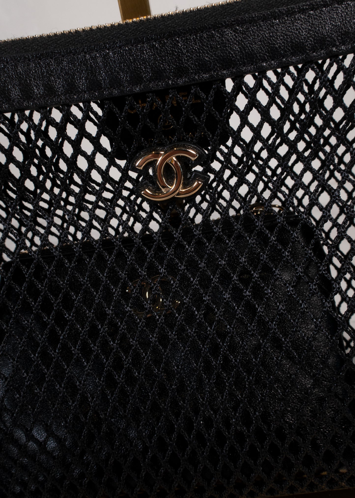 Chanel Black Mesh Shiny Lambskin Clutch With Chain And Wallet Attached Inside