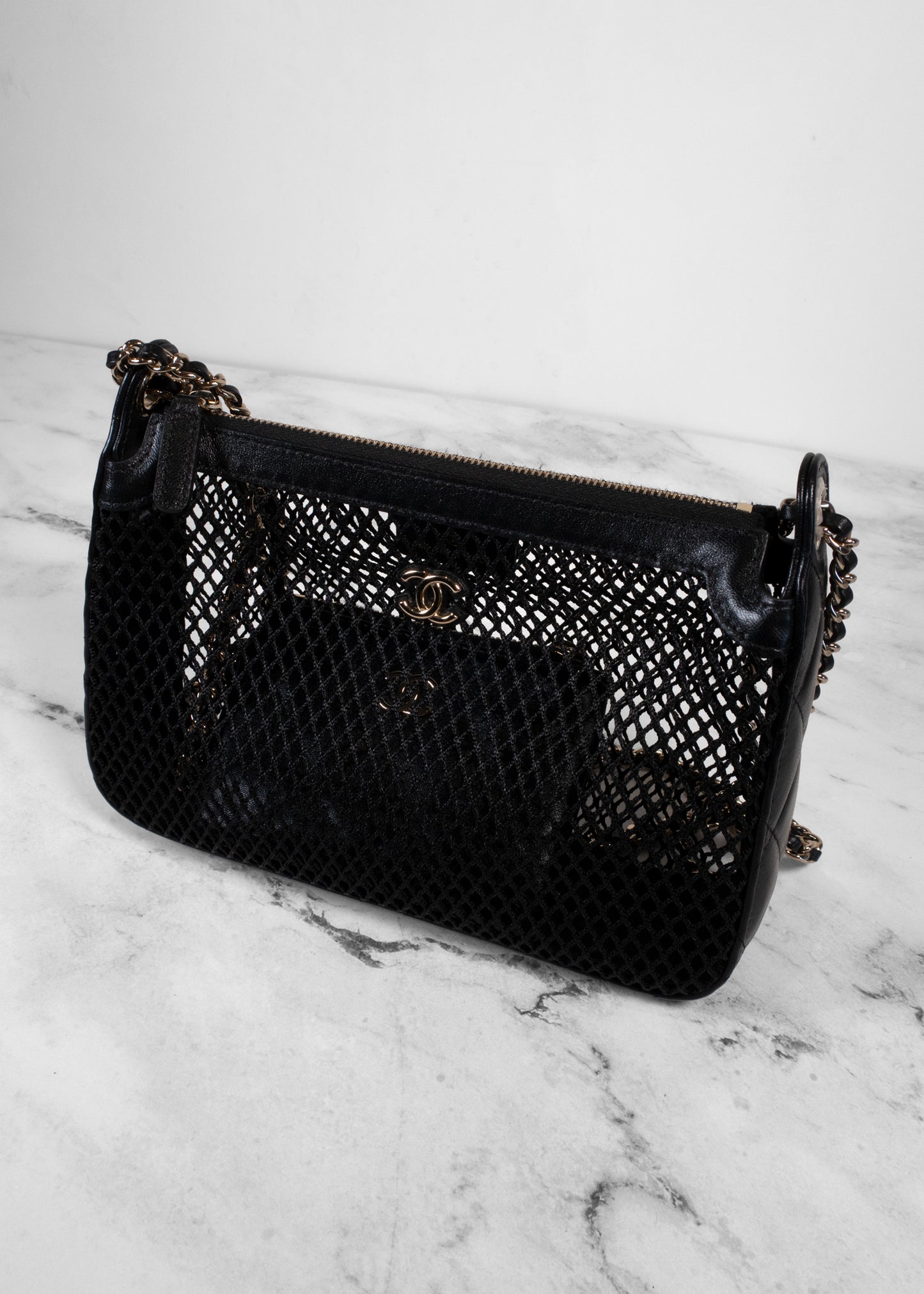 Chanel Black Mesh Shiny Lambskin Clutch With Chain And Wallet Attached Inside