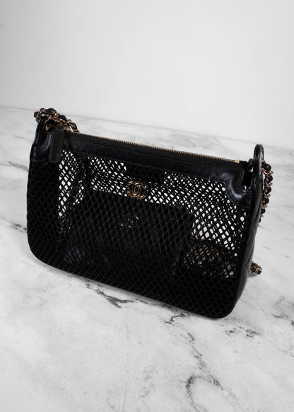 Chanel Black Mesh Shiny Lambskin Clutch With Chain And Wallet Attached Inside
