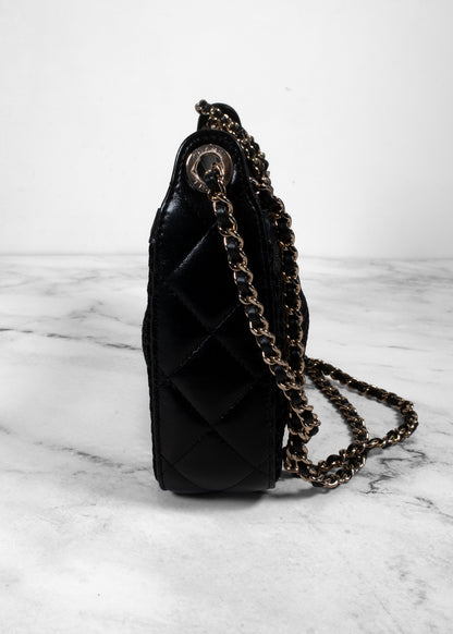 Chanel Black Mesh Shiny Lambskin Clutch With Chain And Wallet Attached Inside