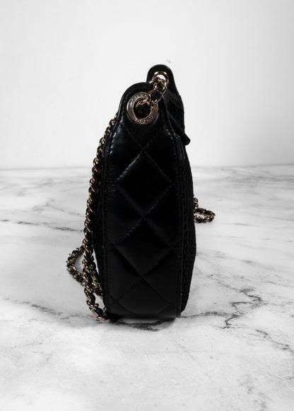 Chanel Black Mesh Shiny Lambskin Clutch With Chain And Wallet Attached Inside