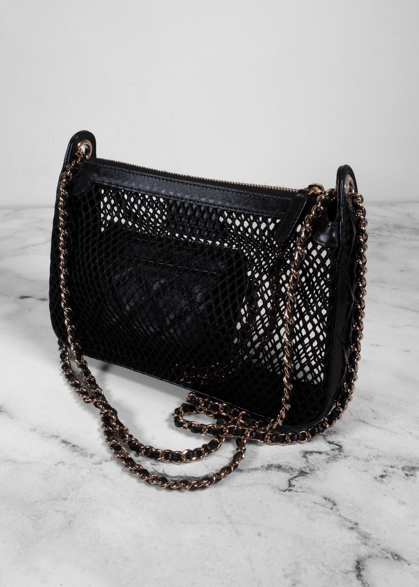Chanel Black Mesh Shiny Lambskin Clutch With Chain And Wallet Attached Inside