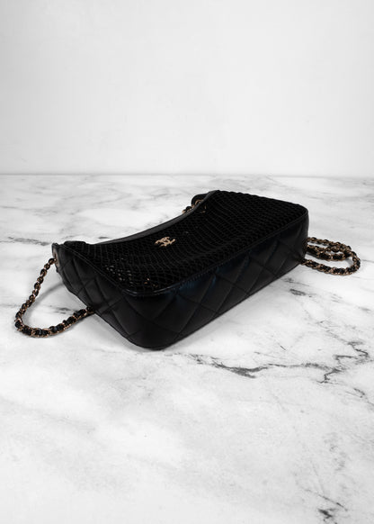 Chanel Black Mesh Shiny Lambskin Clutch With Chain And Wallet Attached Inside