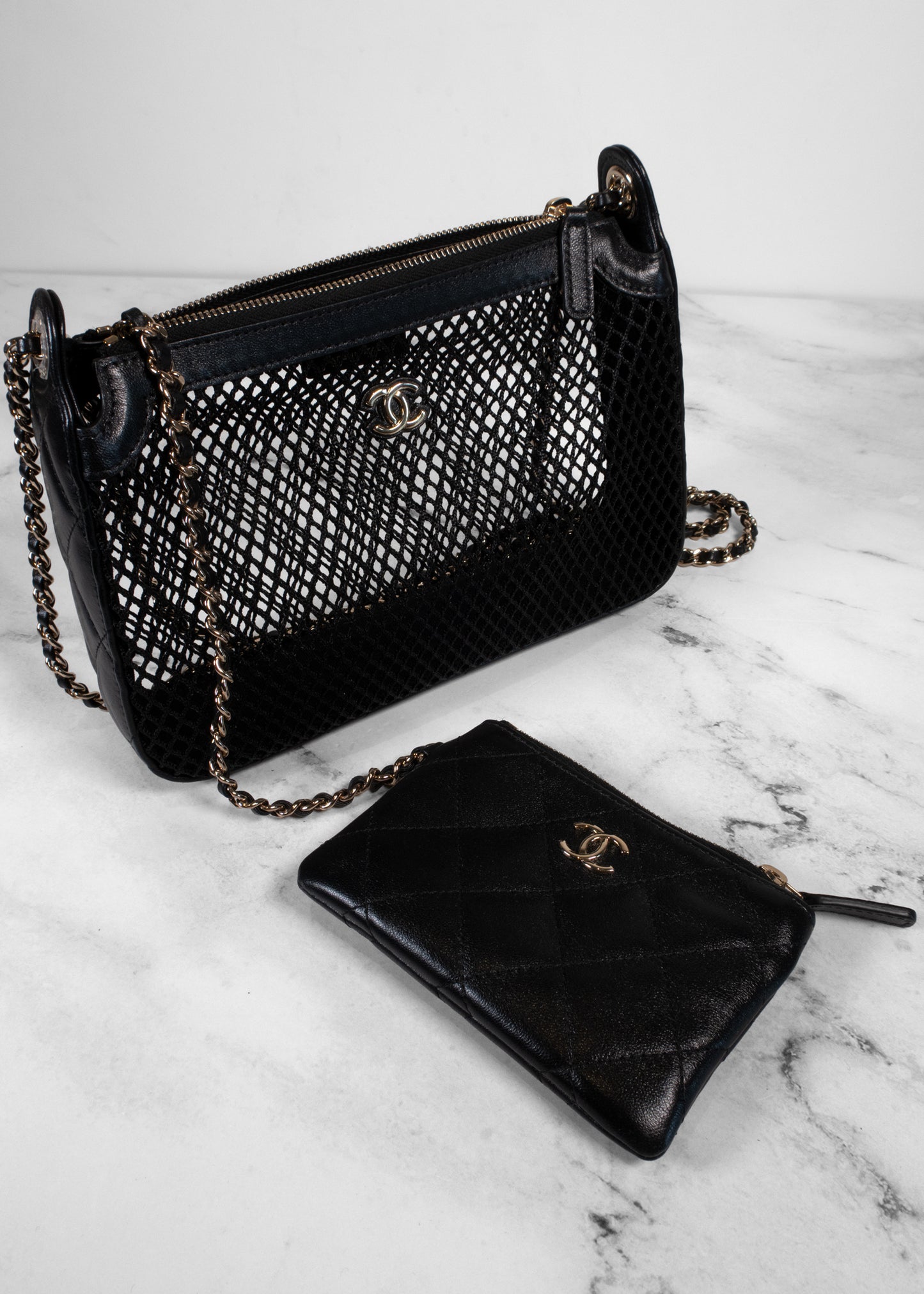 Chanel Black Mesh Shiny Lambskin Clutch With Chain And Wallet Attached Inside