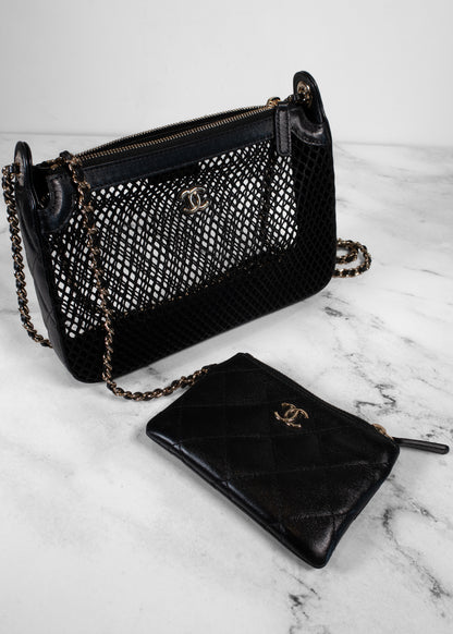 Chanel Black Mesh Shiny Lambskin Clutch With Chain And Wallet Attached Inside