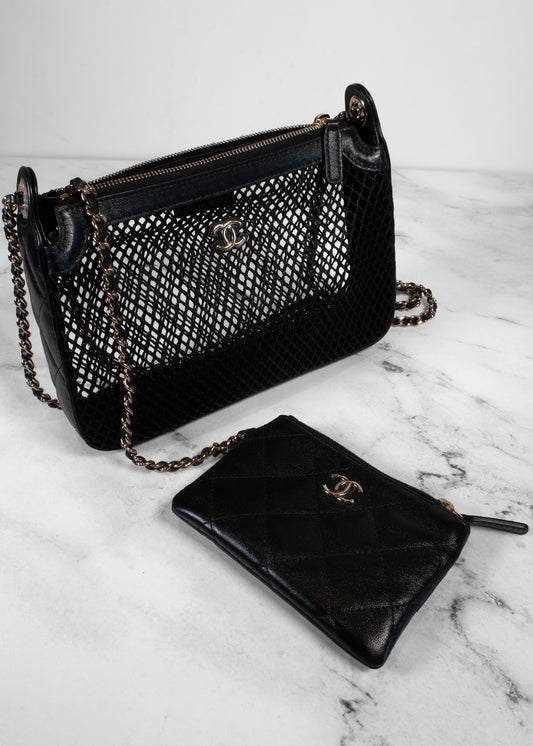 Chanel Black Mesh Shiny Lambskin Clutch With Chain And Wallet Attached Inside