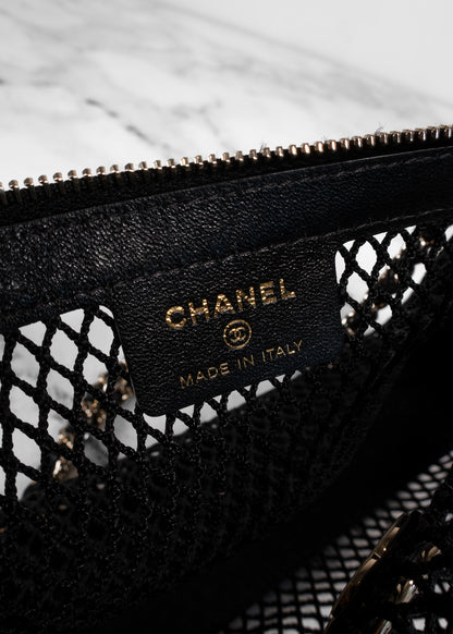 Chanel Black Mesh Shiny Lambskin Clutch With Chain And Wallet Attached Inside