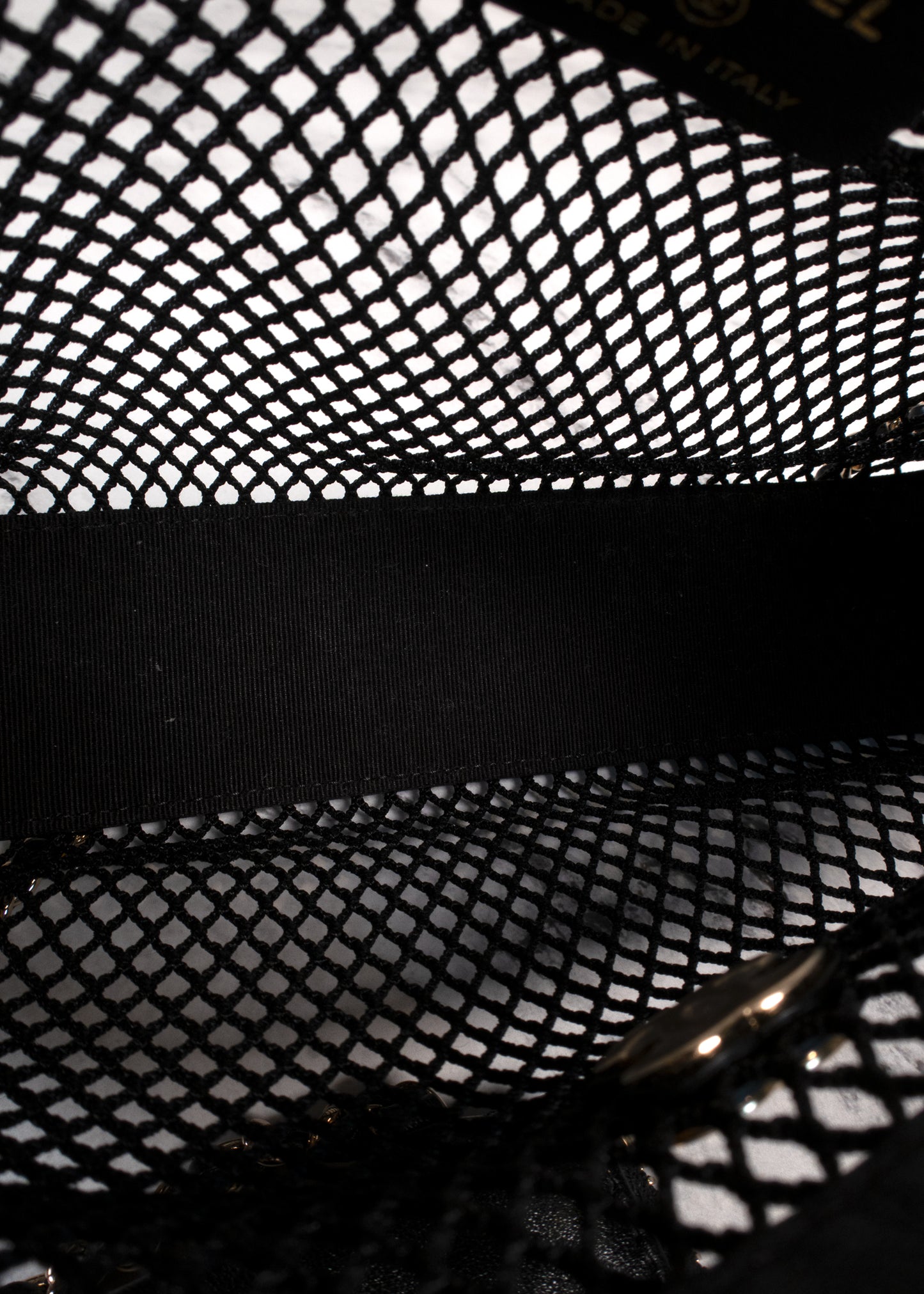 Chanel Black Mesh Shiny Lambskin Clutch With Chain And Wallet Attached Inside