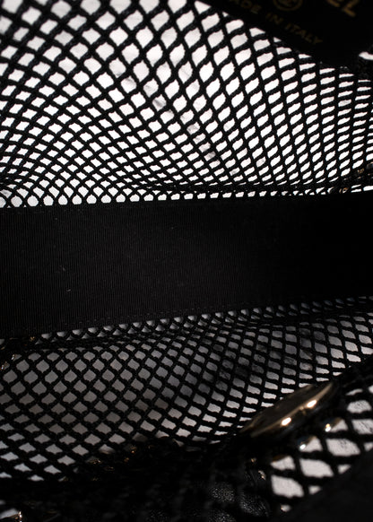 Chanel Black Mesh Shiny Lambskin Clutch With Chain And Wallet Attached Inside