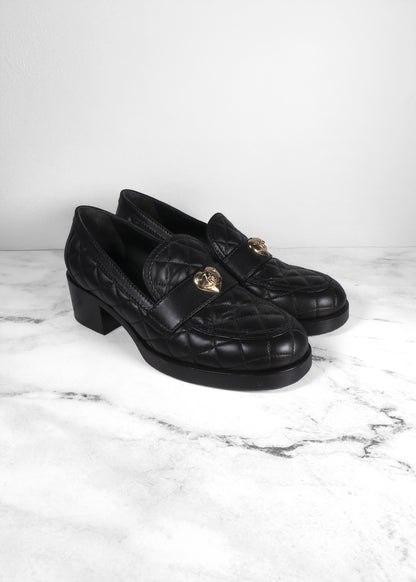 Chanel Lambskin Black Quilted CC Heart Loafers