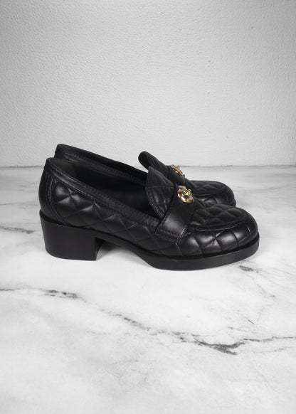 Chanel Lambskin Black Quilted CC Heart Loafers