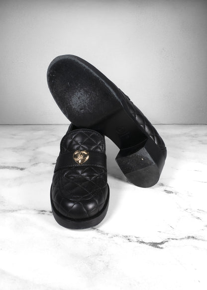 Chanel Lambskin Black Quilted CC Heart Loafers