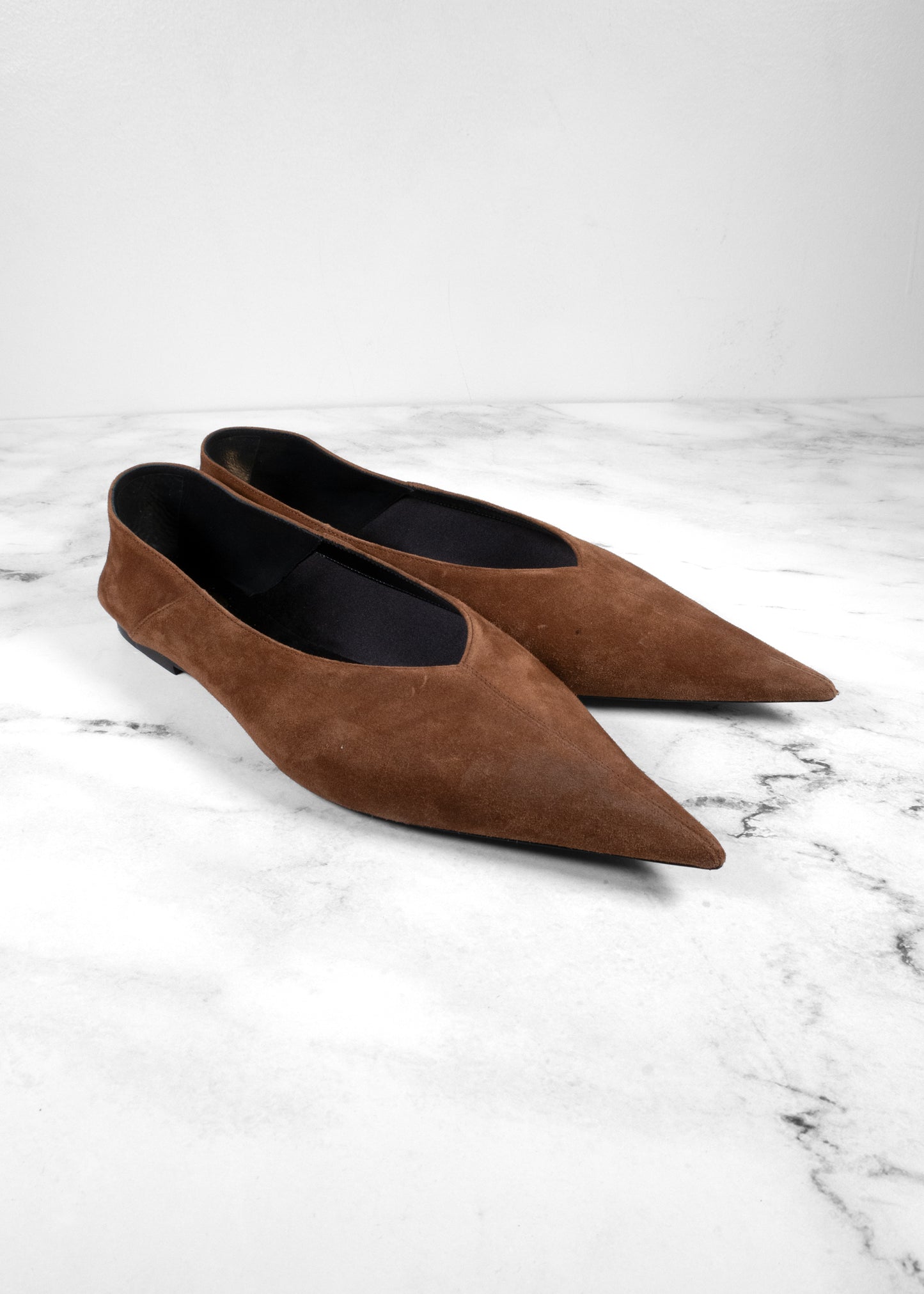 Saint Laurent Ana Pointed-Toe Suede Flats in Chestnut Brown
