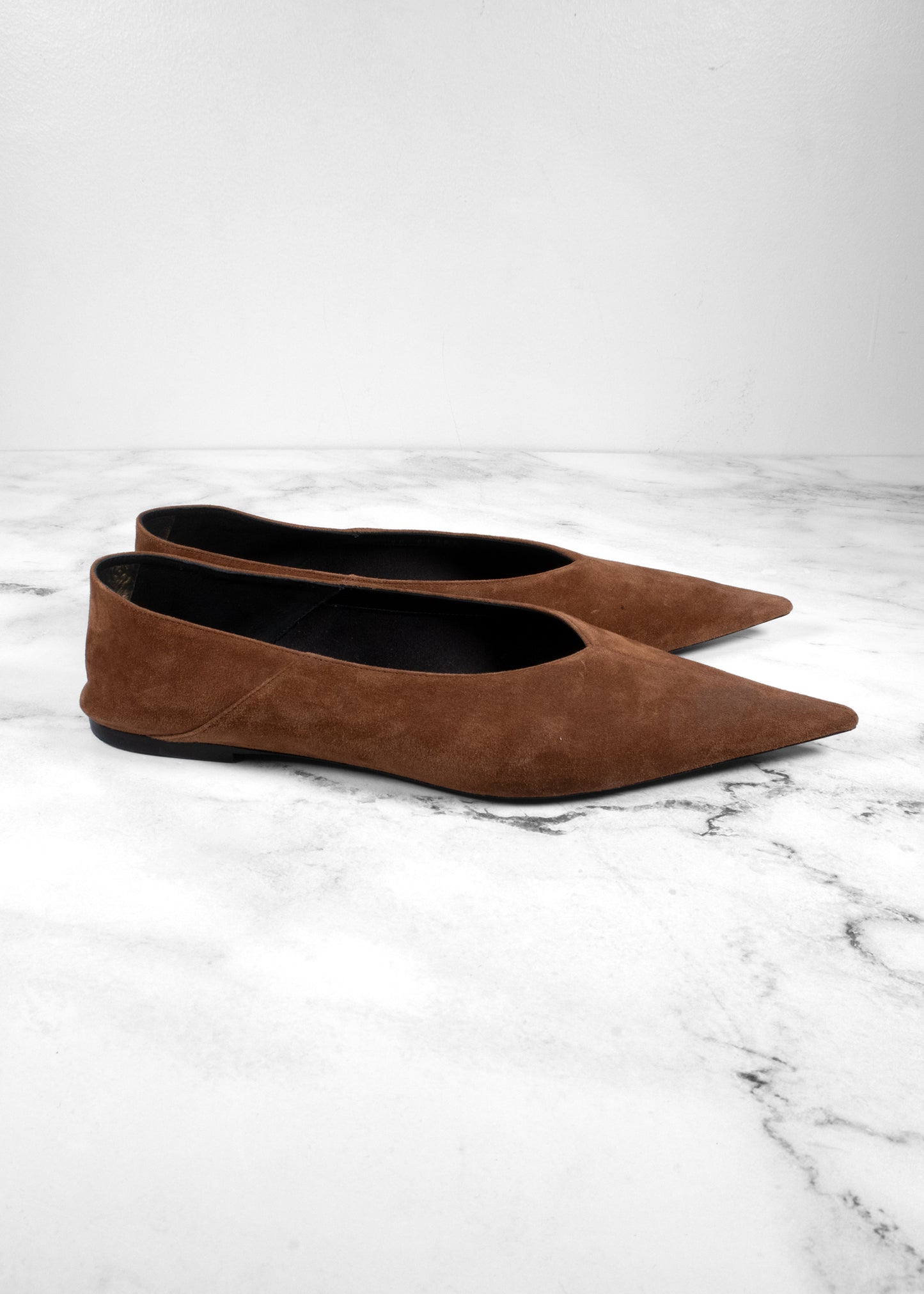 Saint Laurent Ana Pointed-Toe Suede Flats in Chestnut Brown