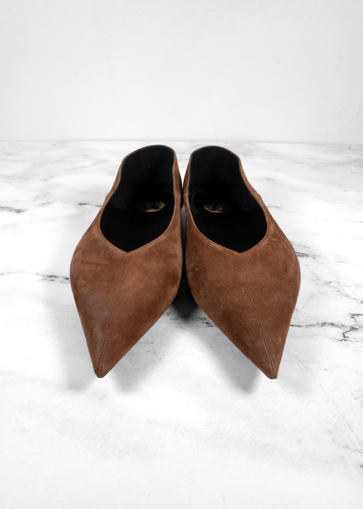 Saint Laurent Ana Pointed-Toe Suede Flats in Chestnut Brown