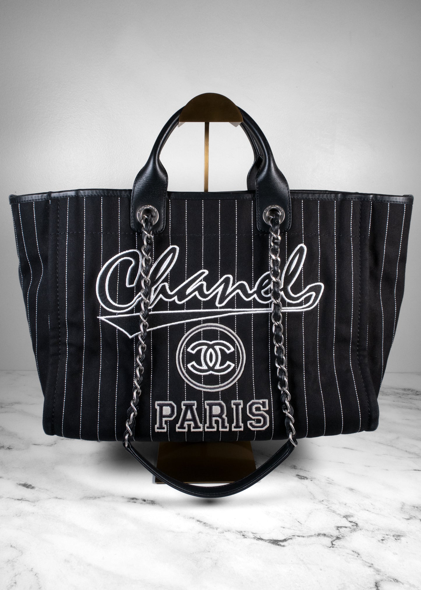 Chanel Deauville Pinstripe Canvas Large Shopping Tote Bag