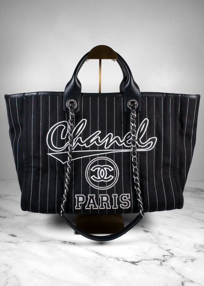 Chanel Deauville Pinstripe Canvas Large Shopping Tote Bag