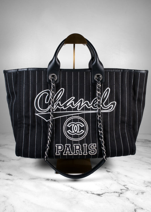 Chanel Deauville Pinstripe Canvas Large Shopping Tote Bag