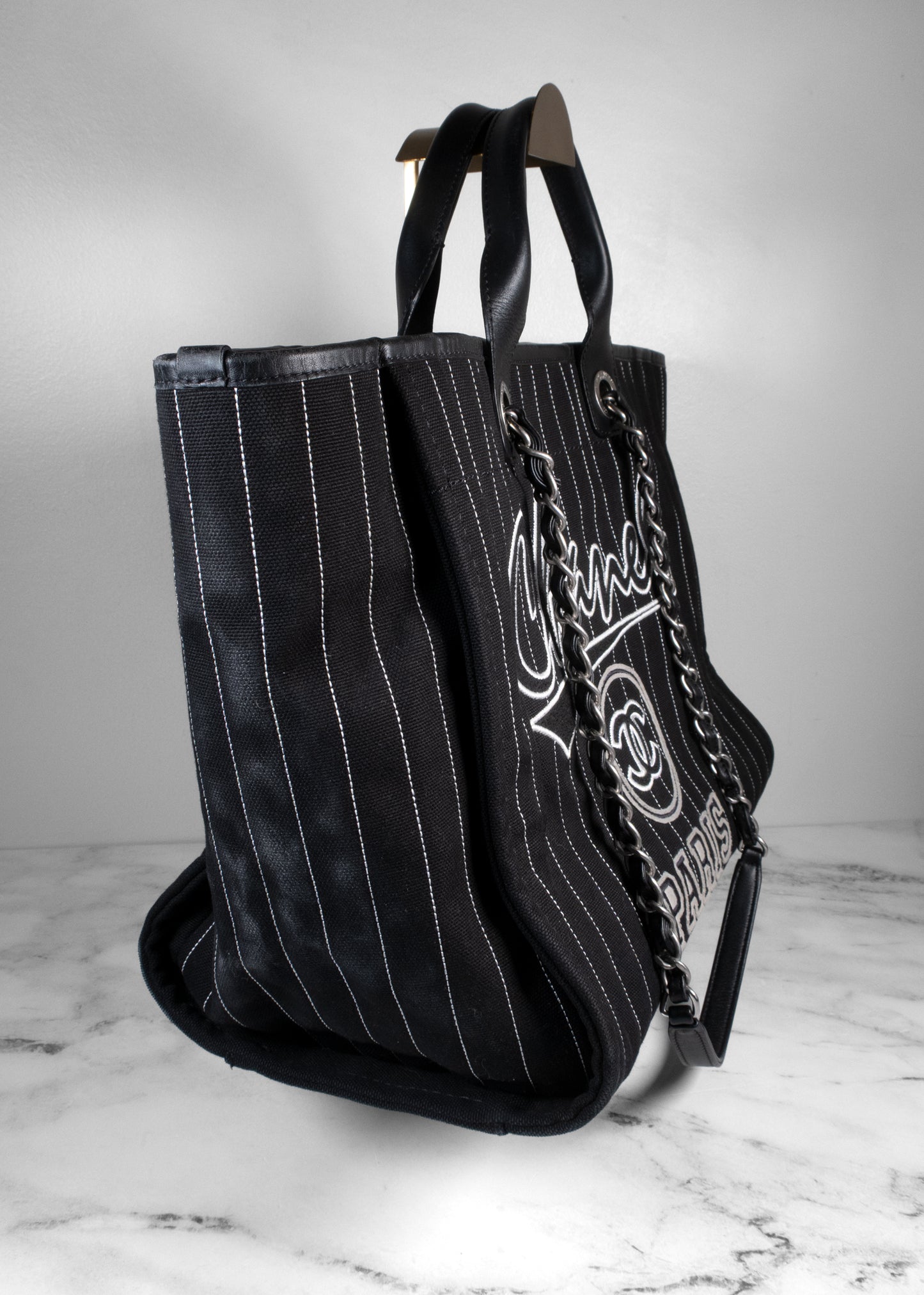 Chanel Deauville Pinstripe Canvas Large Shopping Tote Bag