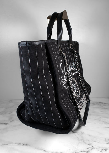 Chanel Deauville Pinstripe Canvas Large Shopping Tote Bag