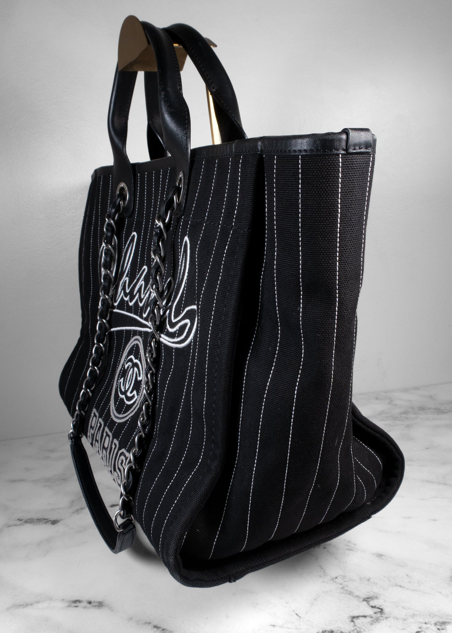 Chanel Deauville Pinstripe Canvas Large Shopping Tote Bag