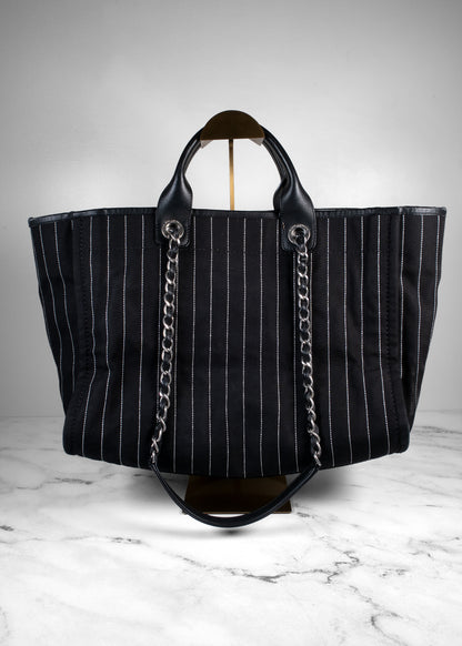 Chanel Deauville Pinstripe Canvas Large Shopping Tote Bag