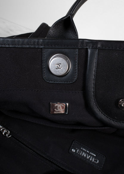 Chanel Deauville Pinstripe Canvas Large Shopping Tote Bag